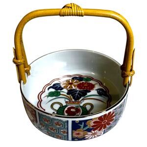 Arita Imari Fan Gilded Edge Candy Dish Japan Urn Flowers Design Bamboo Handle